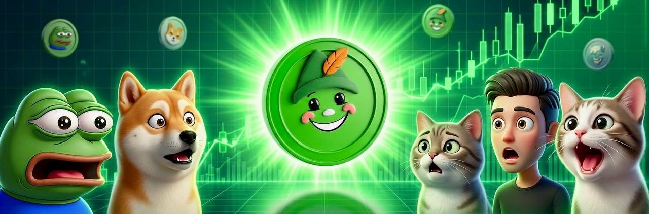 Green coin mascot surprising a cast of internet meme characters
